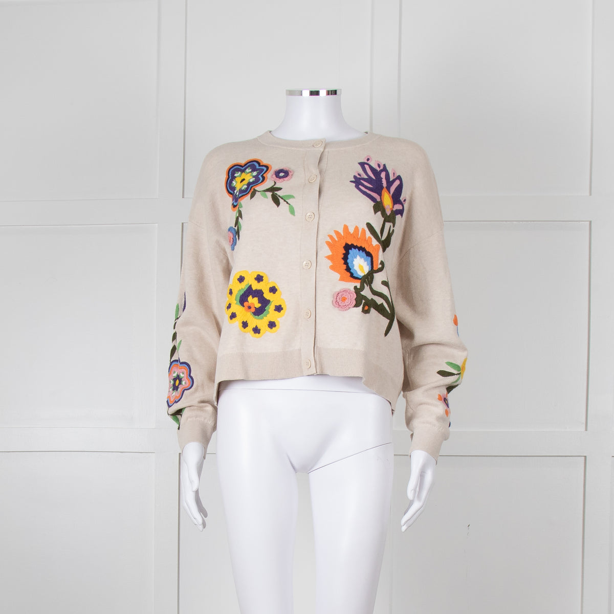 Alice & Olivia Cream Cardigan With Floral Embroidered Flowers