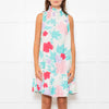 Ephemera White Turquoise Pink Floral Sleeveless High Ruffle Neck Detail Dress