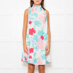 Ephemera White Turquoise Pink Floral Sleeveless High Ruffle Neck Detail Dress