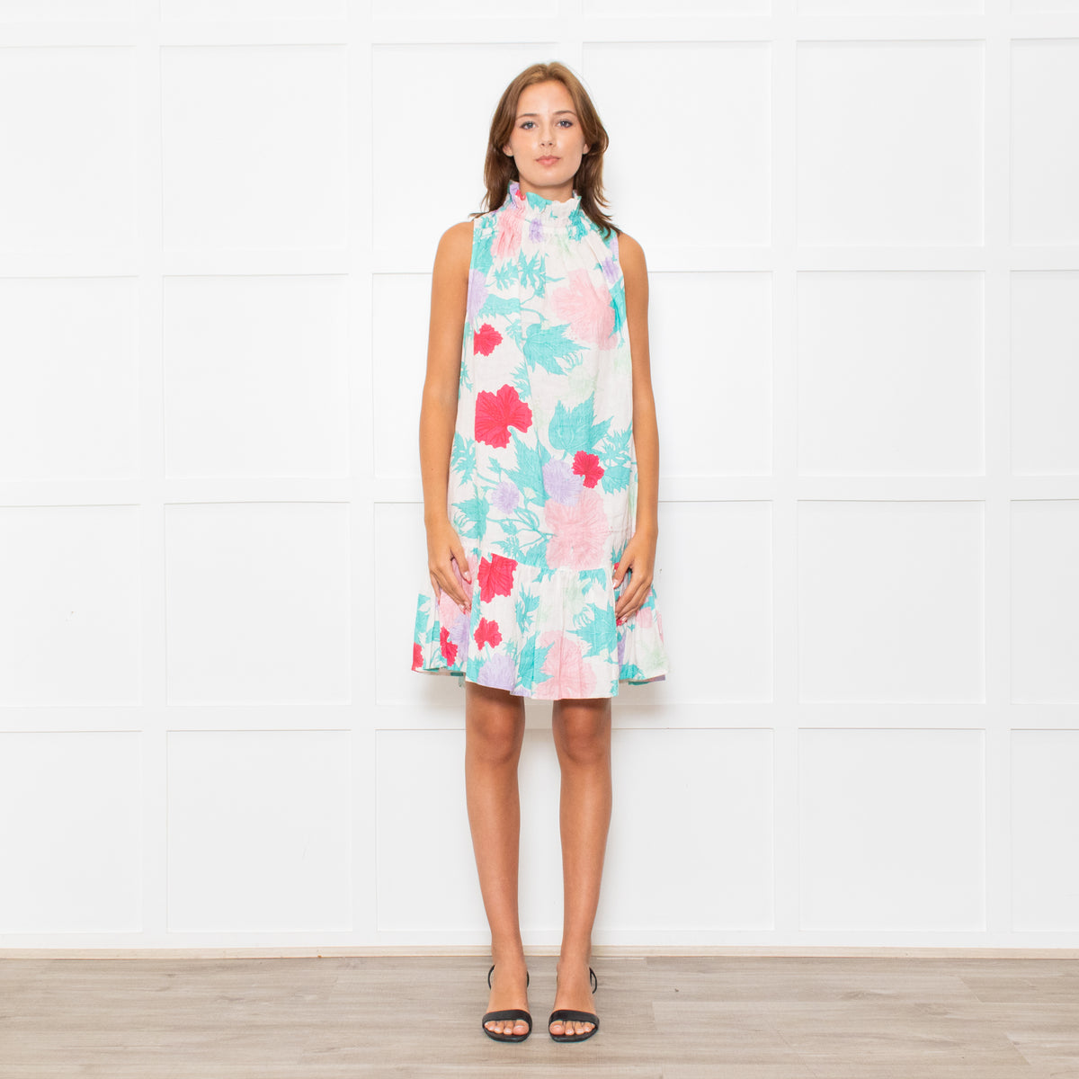 Ephemera White Turquoise Pink Floral Sleeveless High Ruffle Neck Detail Dress