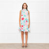 Ephemera White Turquoise Pink Floral Sleeveless High Ruffle Neck Detail Dress