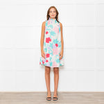 Ephemera White Turquoise Pink Floral Sleeveless High Ruffle Neck Detail Dress