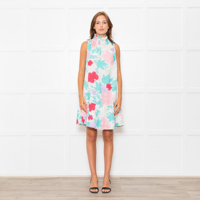 Ephemera White Turquoise Pink Floral Sleeveless High Ruffle Neck Detail Dress