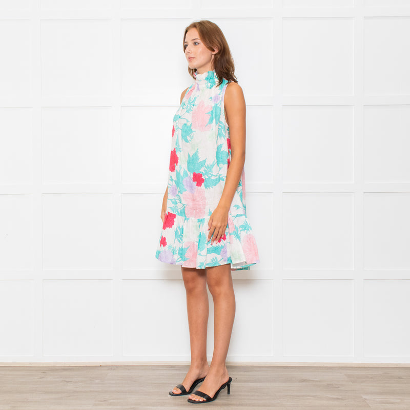 Ephemera White Turquoise Pink Floral Sleeveless High Ruffle Neck Detail Dress