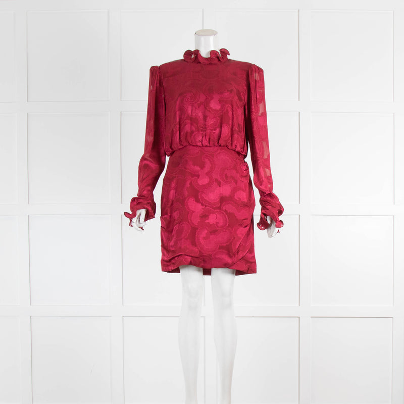 Saloni Rasberry Pink Frill Trim Long Sleeve Short Dress