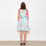 Ephemera White Turquoise Pink Floral Sleeveless High Ruffle Neck Detail Dress