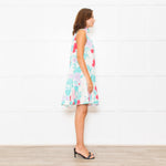 Ephemera White Turquoise Pink Floral Sleeveless High Ruffle Neck Detail Dress