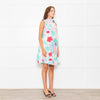 Ephemera White Turquoise Pink Floral Sleeveless High Ruffle Neck Detail Dress
