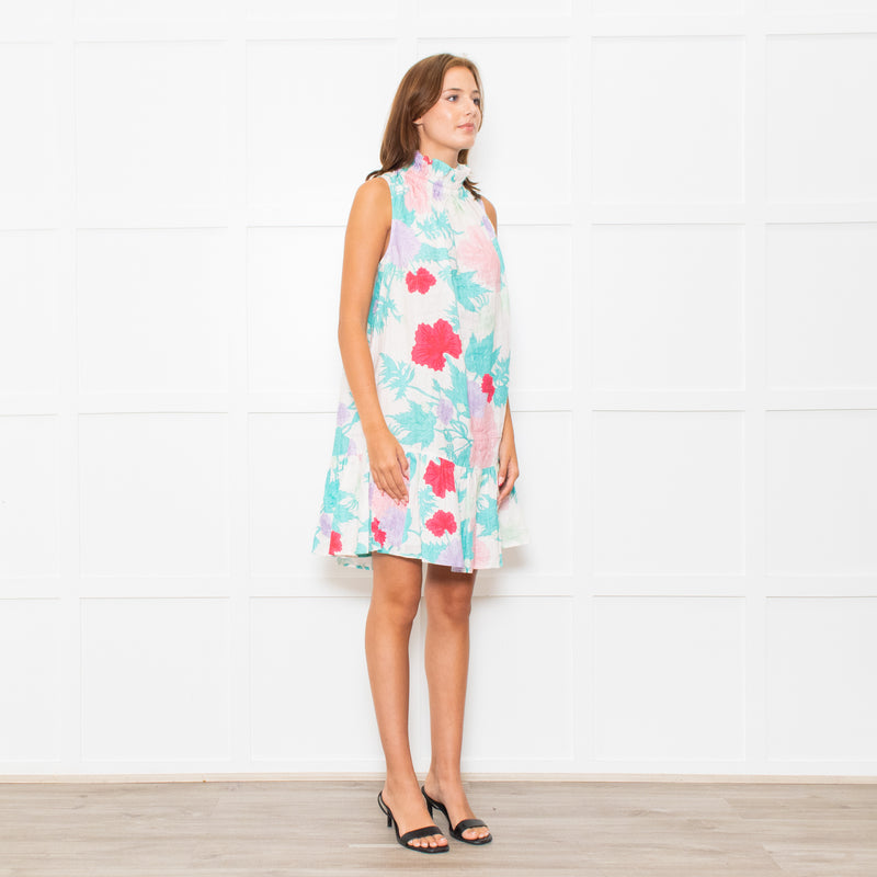 Ephemera White Turquoise Pink Floral Sleeveless High Ruffle Neck Detail Dress