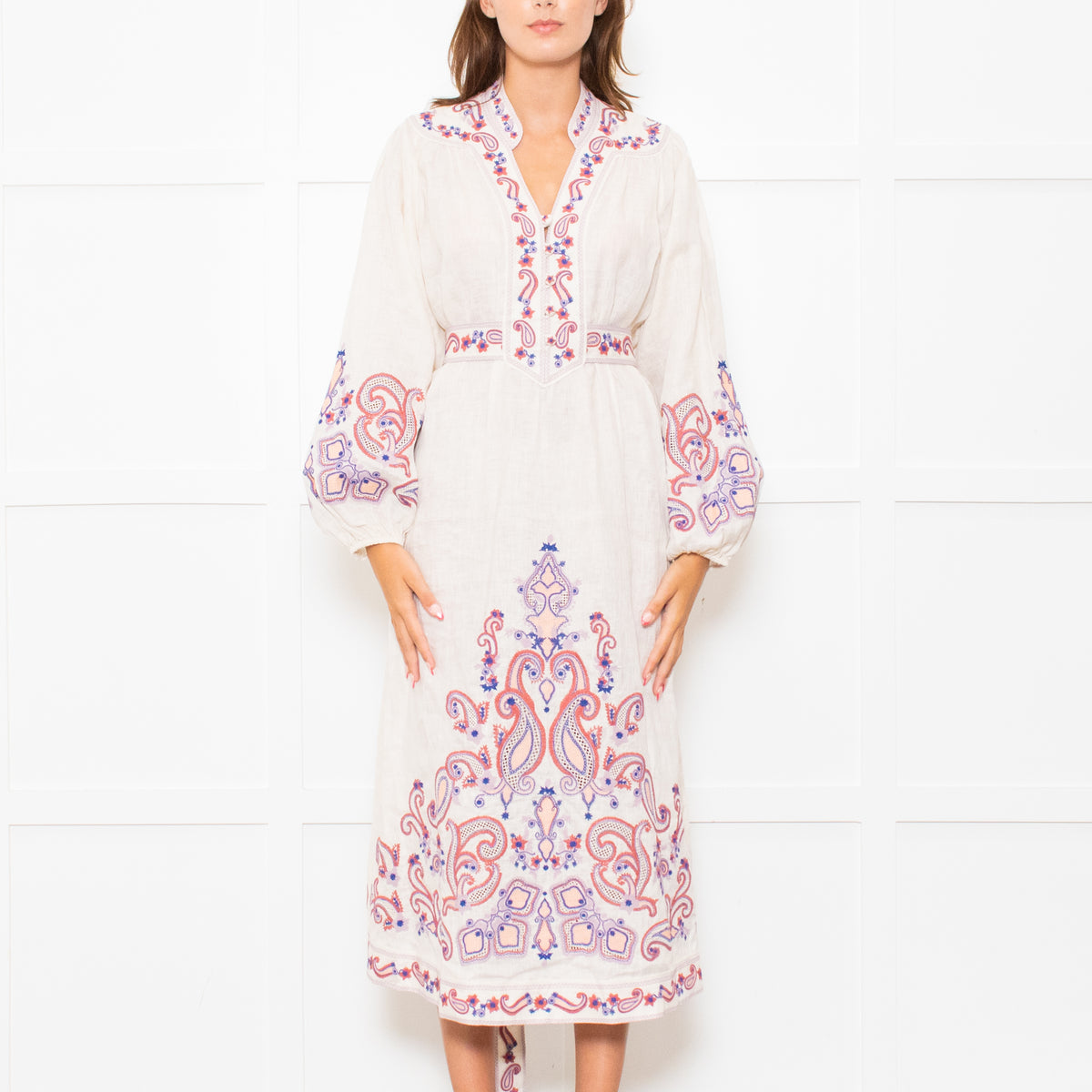 Zimmermann Cream Linen Rust Coral Blue Paisley Embroidered Trim Maxi Dress