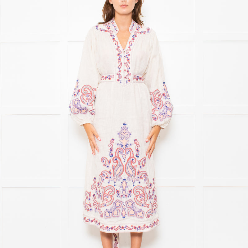 Zimmermann Cream Linen Rust Coral Blue Paisley Embroidered Trim Maxi Dress