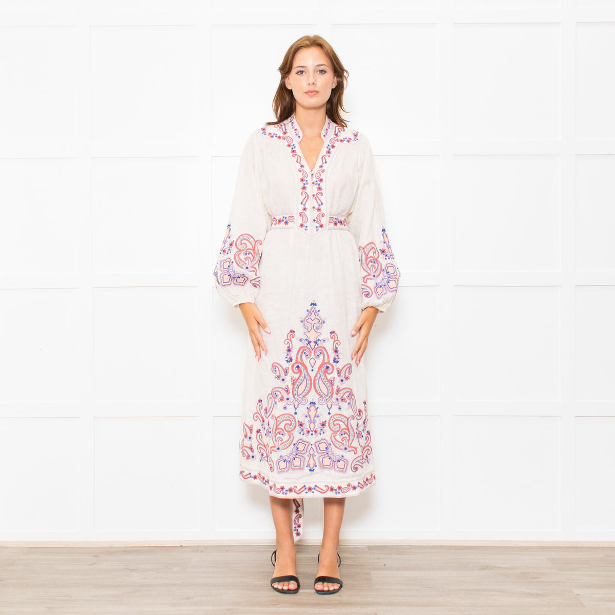 Zimmermann Cream Linen Rust Coral Blue Paisley Embroidered Trim Maxi Dress