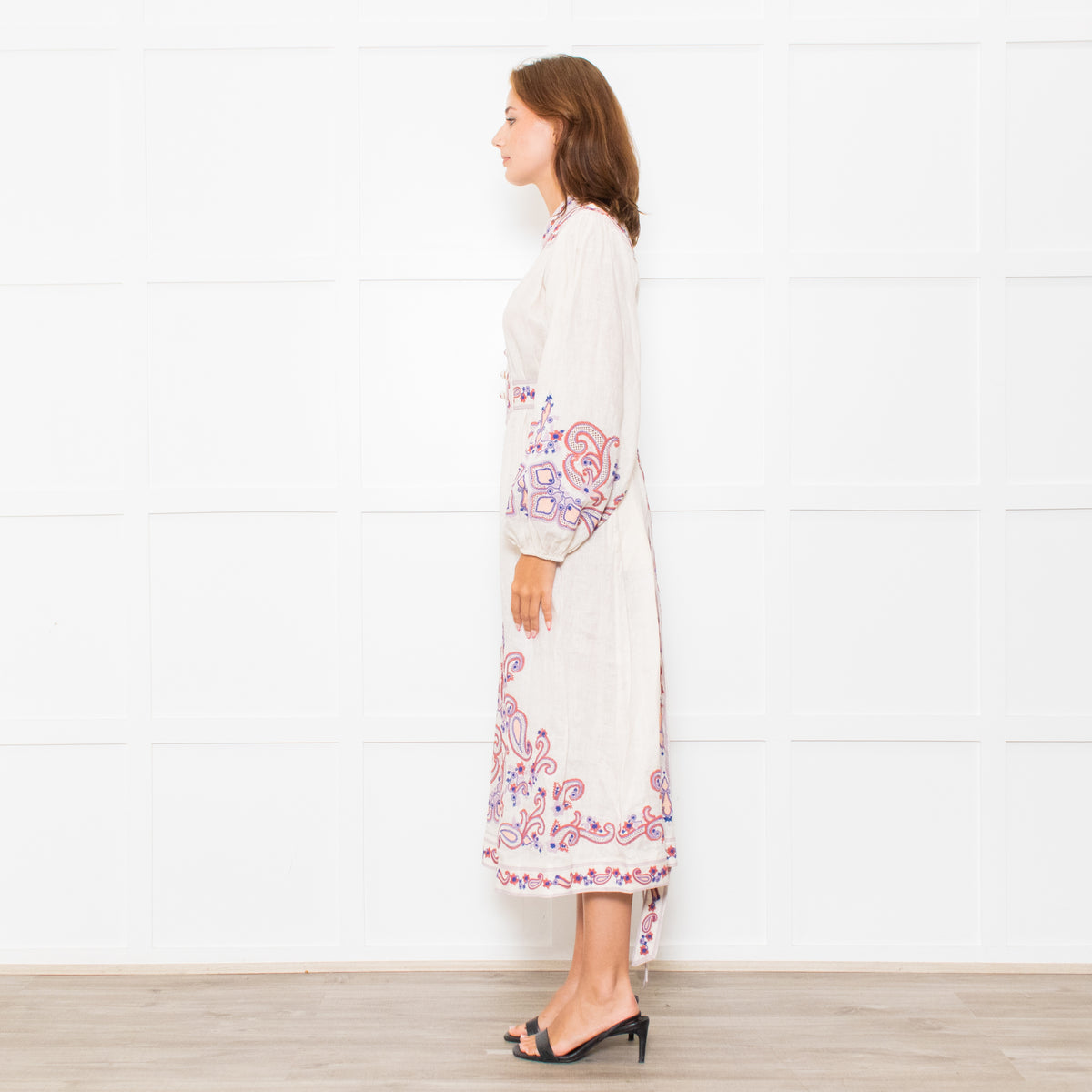 Zimmermann Cream Linen Rust Coral Blue Paisley Embroidered Trim Maxi Dress