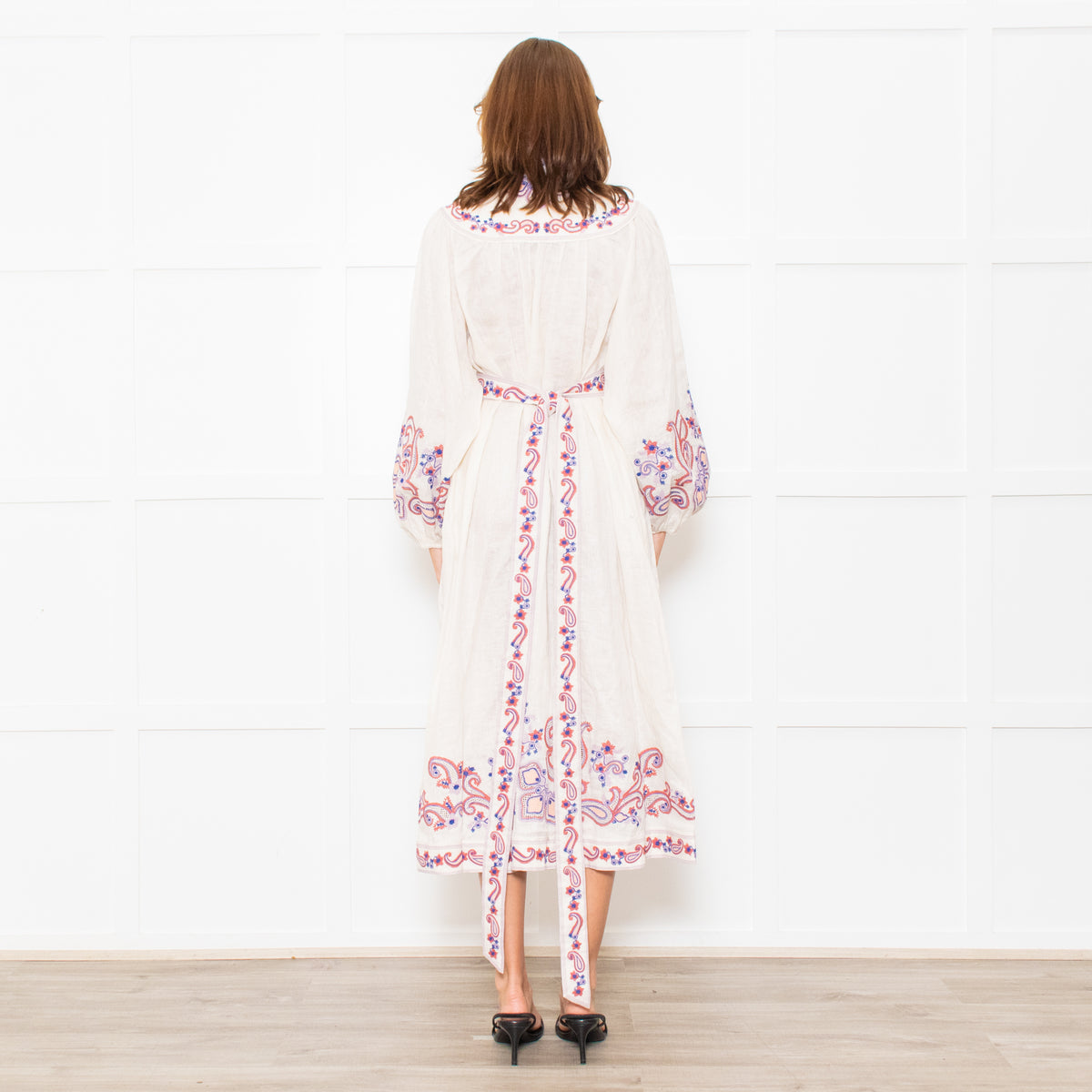 Zimmermann Cream Linen Rust Coral Blue Paisley Embroidered Trim Maxi Dress