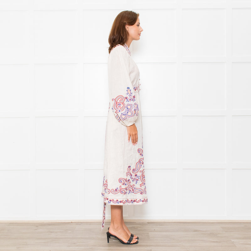 Zimmermann Cream Linen Rust Coral Blue Paisley Embroidered Trim Maxi Dress