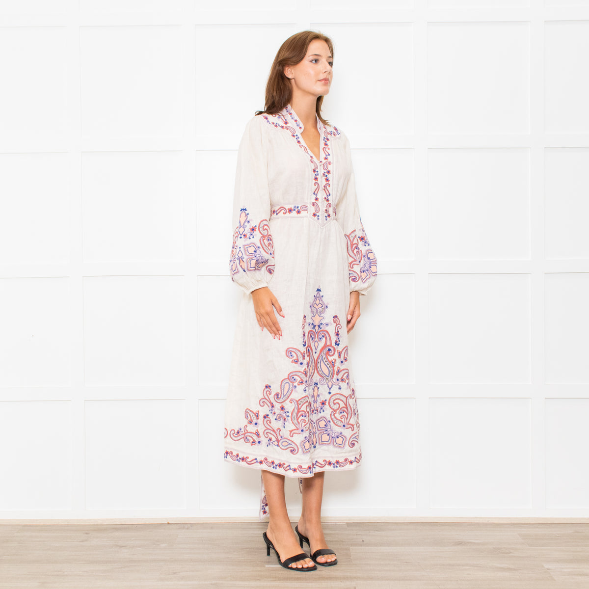 Zimmermann Cream Linen Rust Coral Blue Paisley Embroidered Trim Maxi Dress