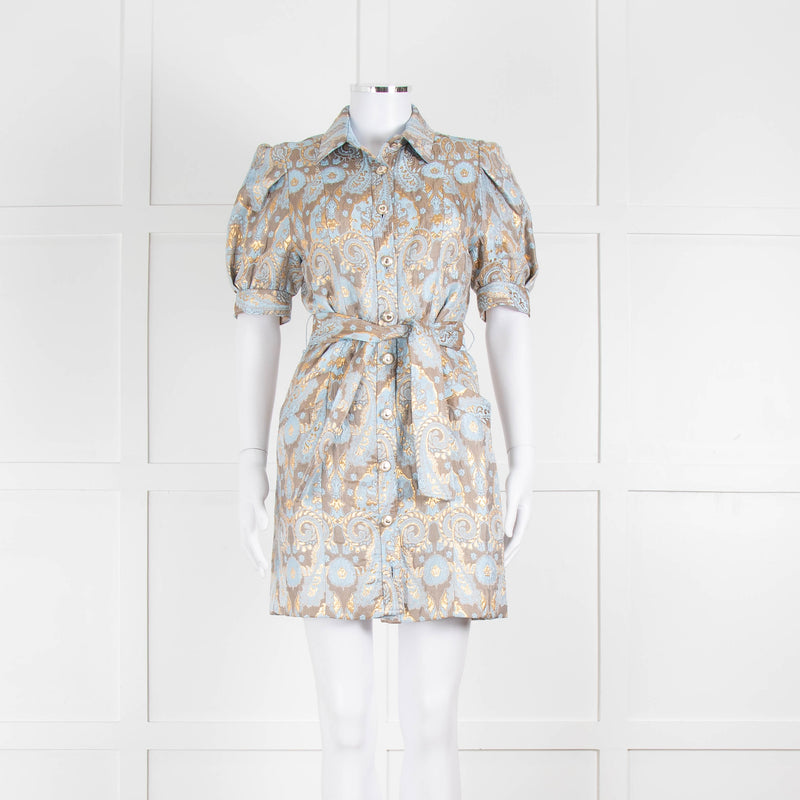 Sandro Pale Blue And Gold Brocade Mini Dress