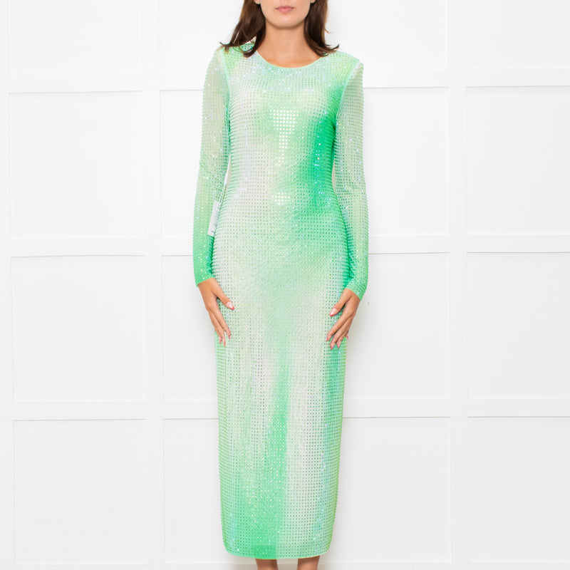 Self-Portrait Green White Green Crystal Embellished Maxi Dress