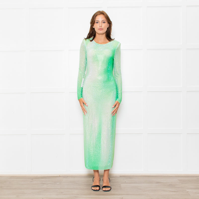 Self-Portrait Green White Green Crystal Embellished Maxi Dress