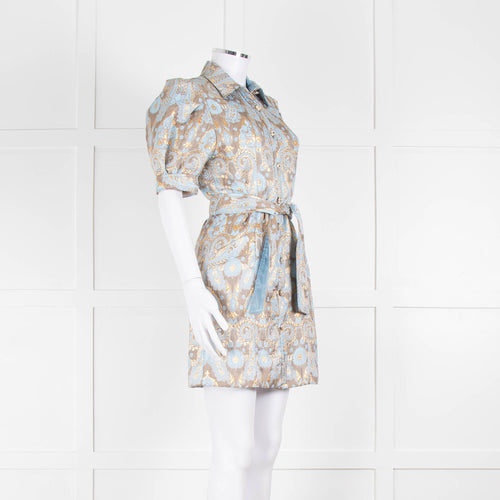 Sandro Pale Blue And Gold Brocade Mini Dress