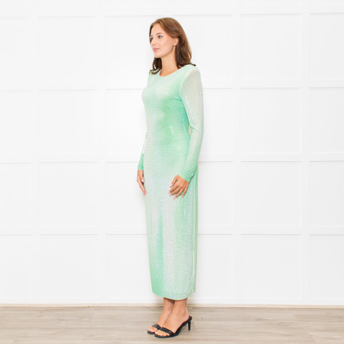 Self-Portrait Green White Green Crystal Embellished Maxi Dress