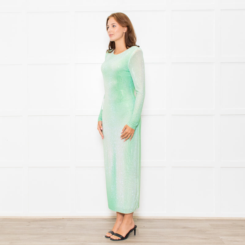 Self-Portrait Green White Green Crystal Embellished Maxi Dress
