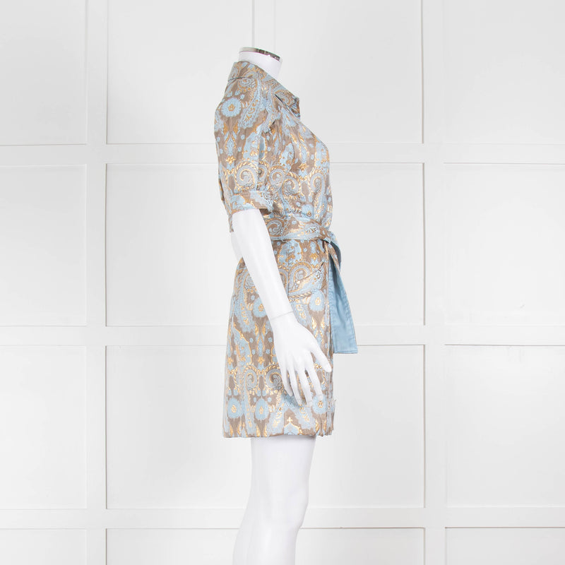 Sandro Pale Blue And Gold Brocade Mini Dress
