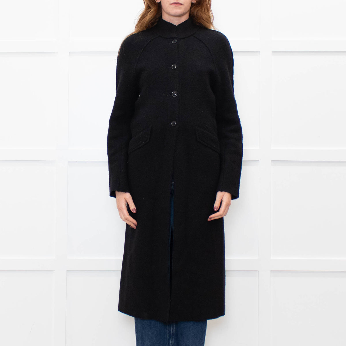 Agnes B Black Wool Blend Raw Edge Long Coat