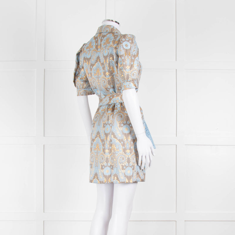Sandro Pale Blue And Gold Brocade Mini Dress