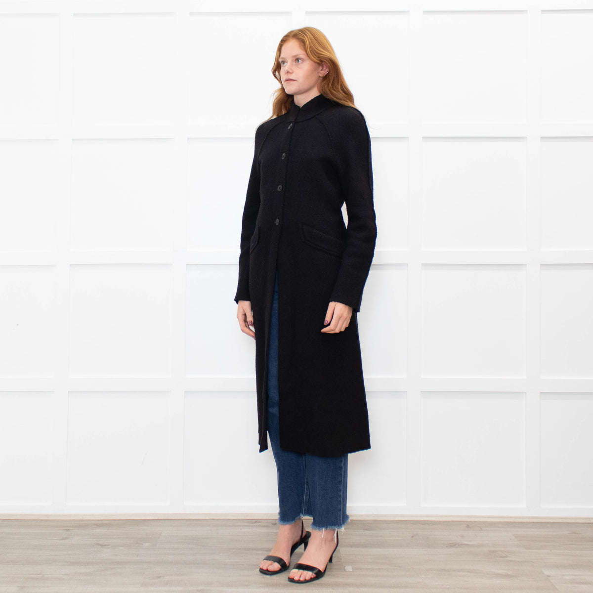 Agnes B Black Wool Blend Raw Edge Long Coat