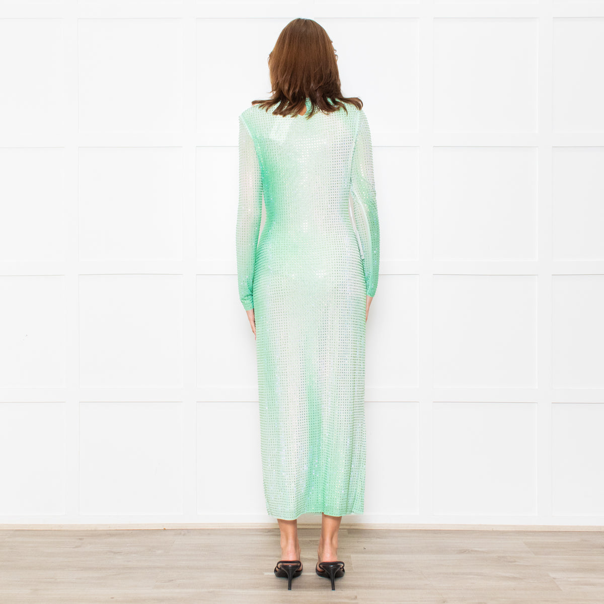 Self-Portrait Green White Green Crystal Embellished Maxi Dress