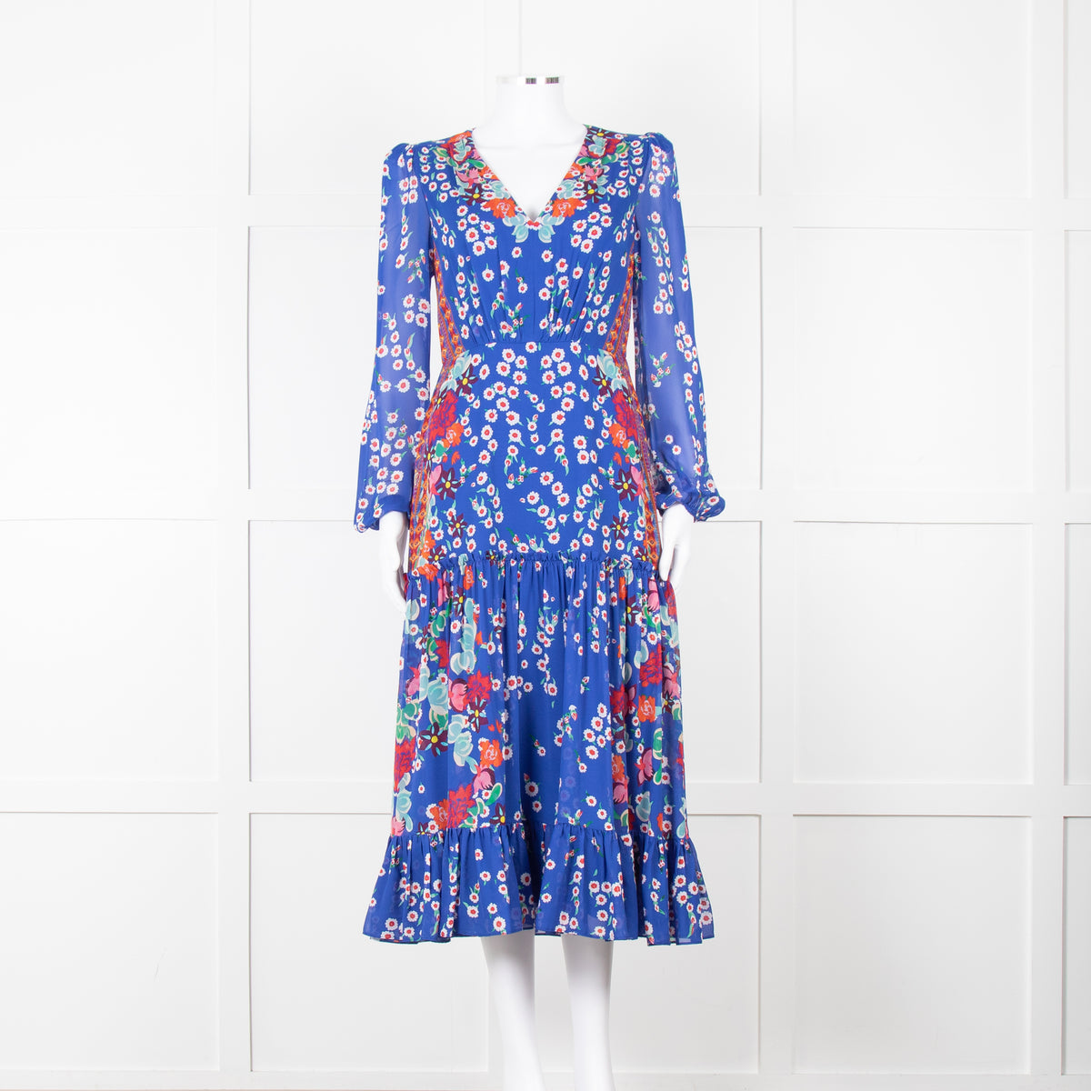 Saloni Blue Long Sleeve Floral Midi Dress with Tiered Skirt,