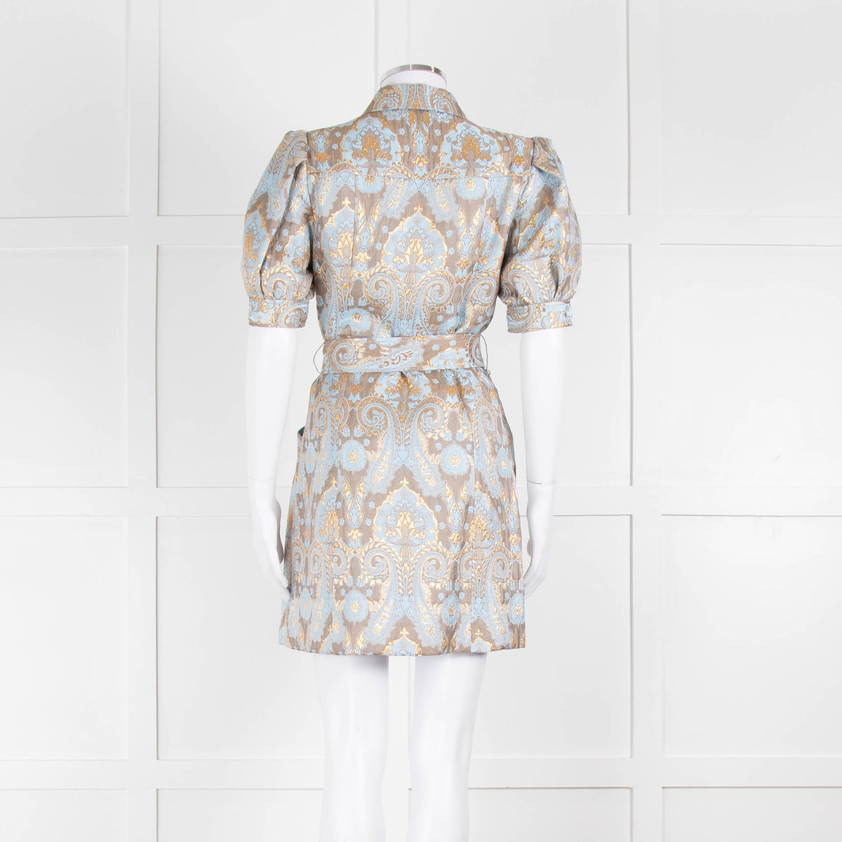 Sandro Pale Blue And Gold Brocade Mini Dress