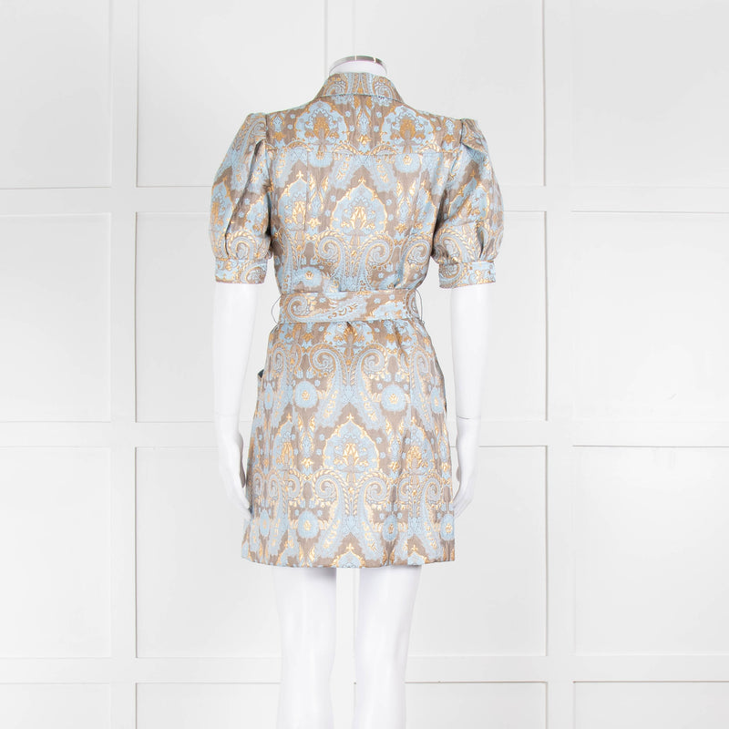 Sandro Pale Blue And Gold Brocade Mini Dress