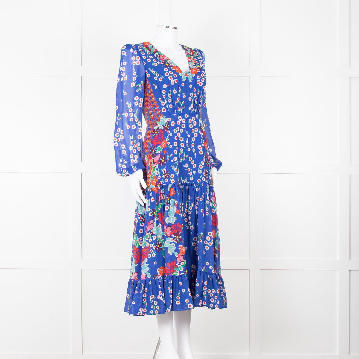 Saloni Blue Long Sleeve Floral Midi Dress with Tiered Skirt,