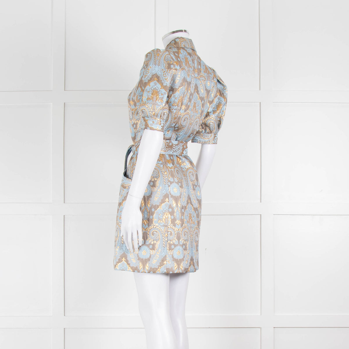 Sandro Pale Blue And Gold Brocade Mini Dress
