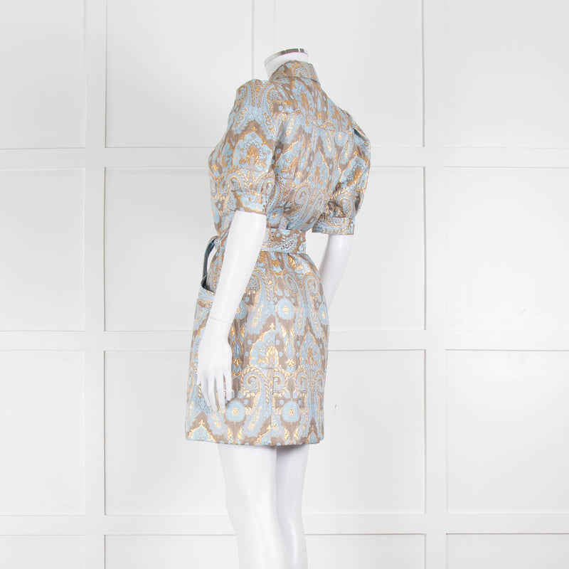 Sandro Pale Blue And Gold Brocade Mini Dress