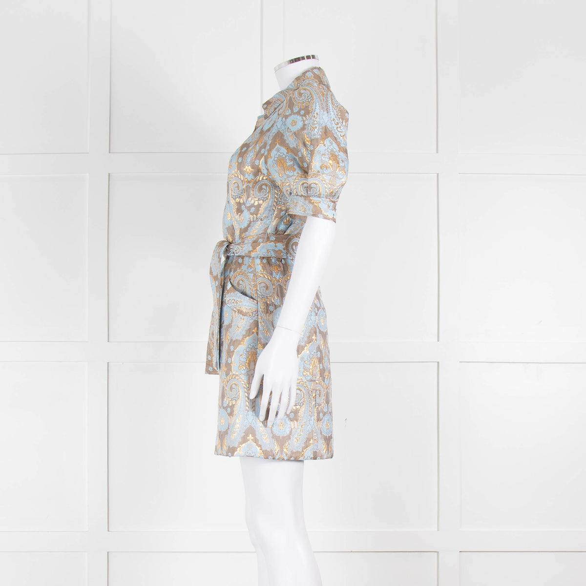 Sandro Pale Blue And Gold Brocade Mini Dress