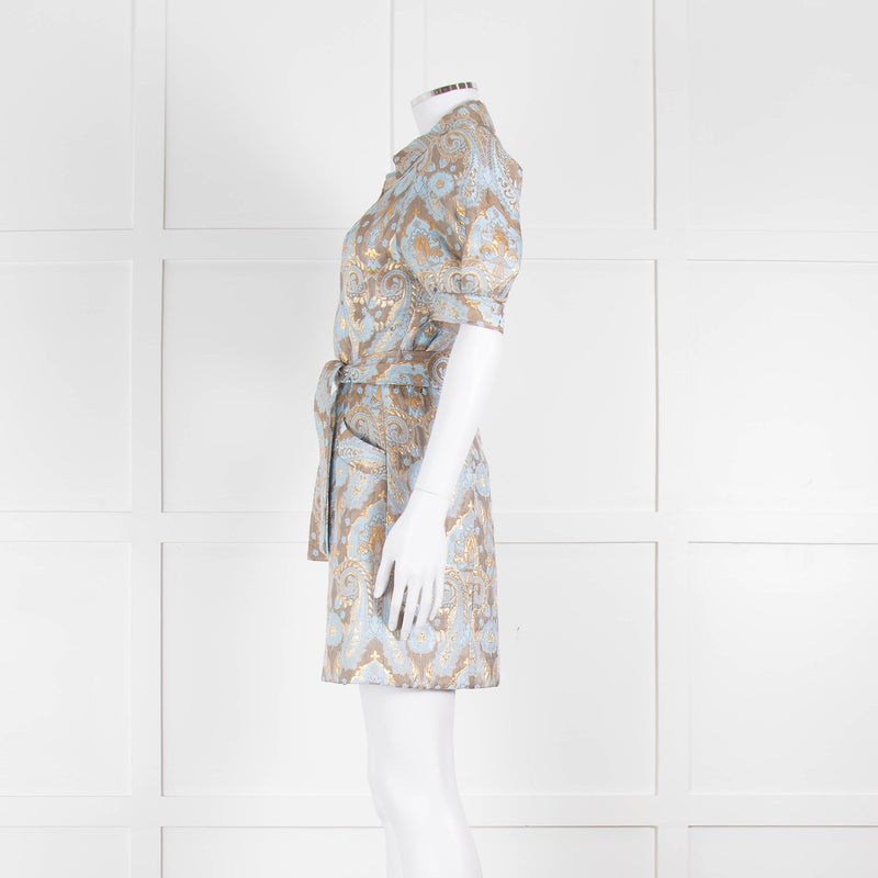 Sandro Pale Blue And Gold Brocade Mini Dress