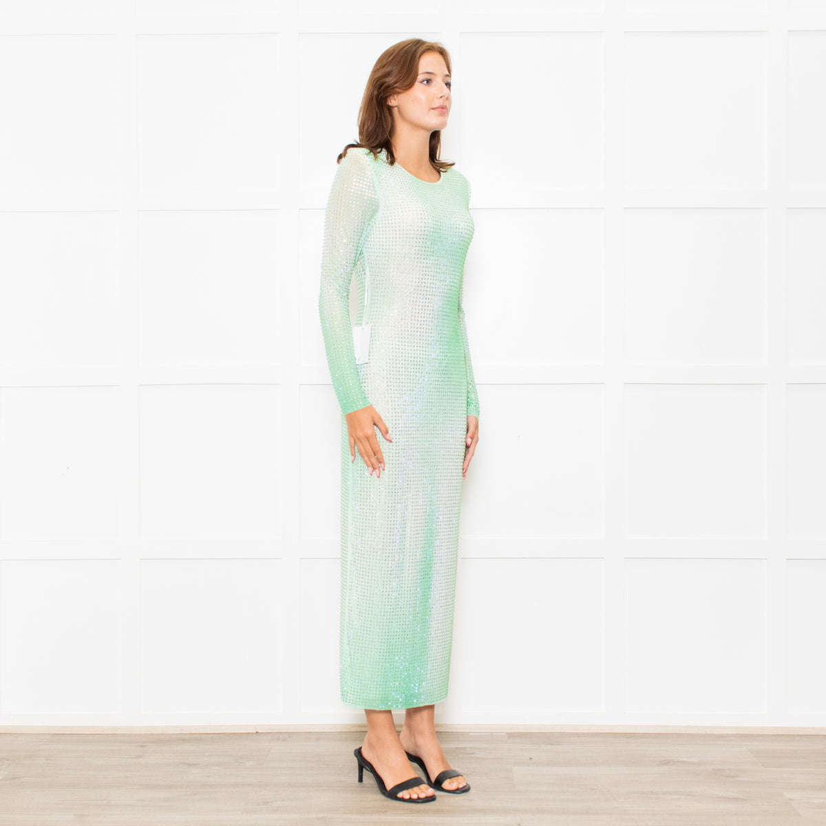 Self-Portrait Green White Green Crystal Embellished Maxi Dress