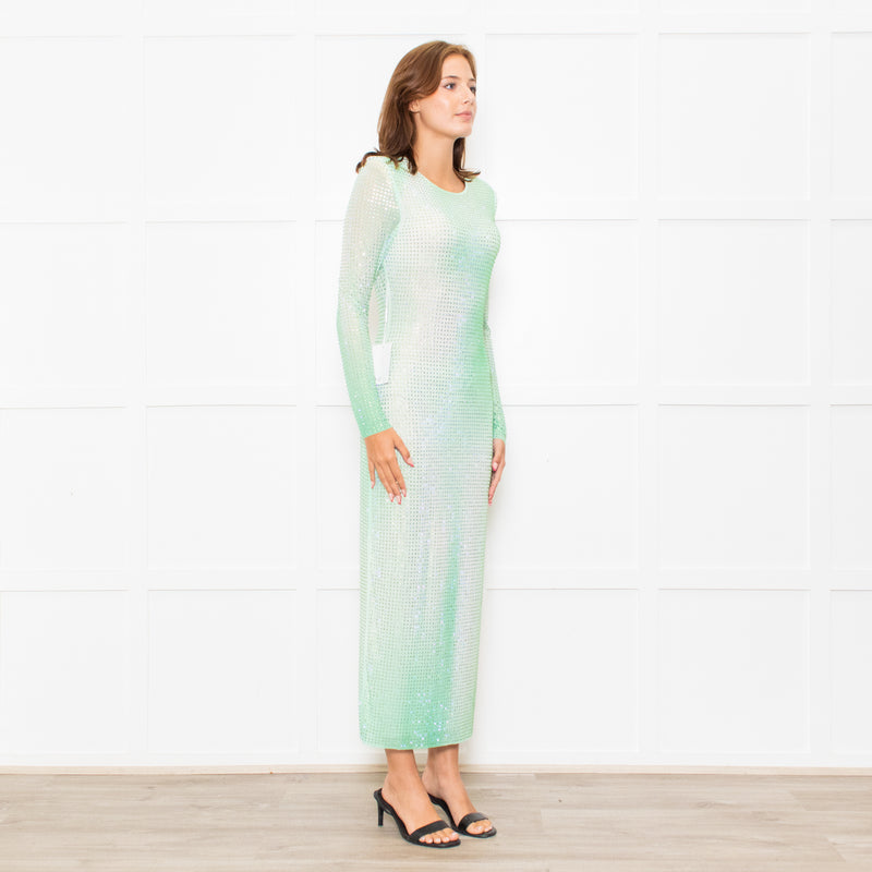 Self-Portrait Green White Green Crystal Embellished Maxi Dress
