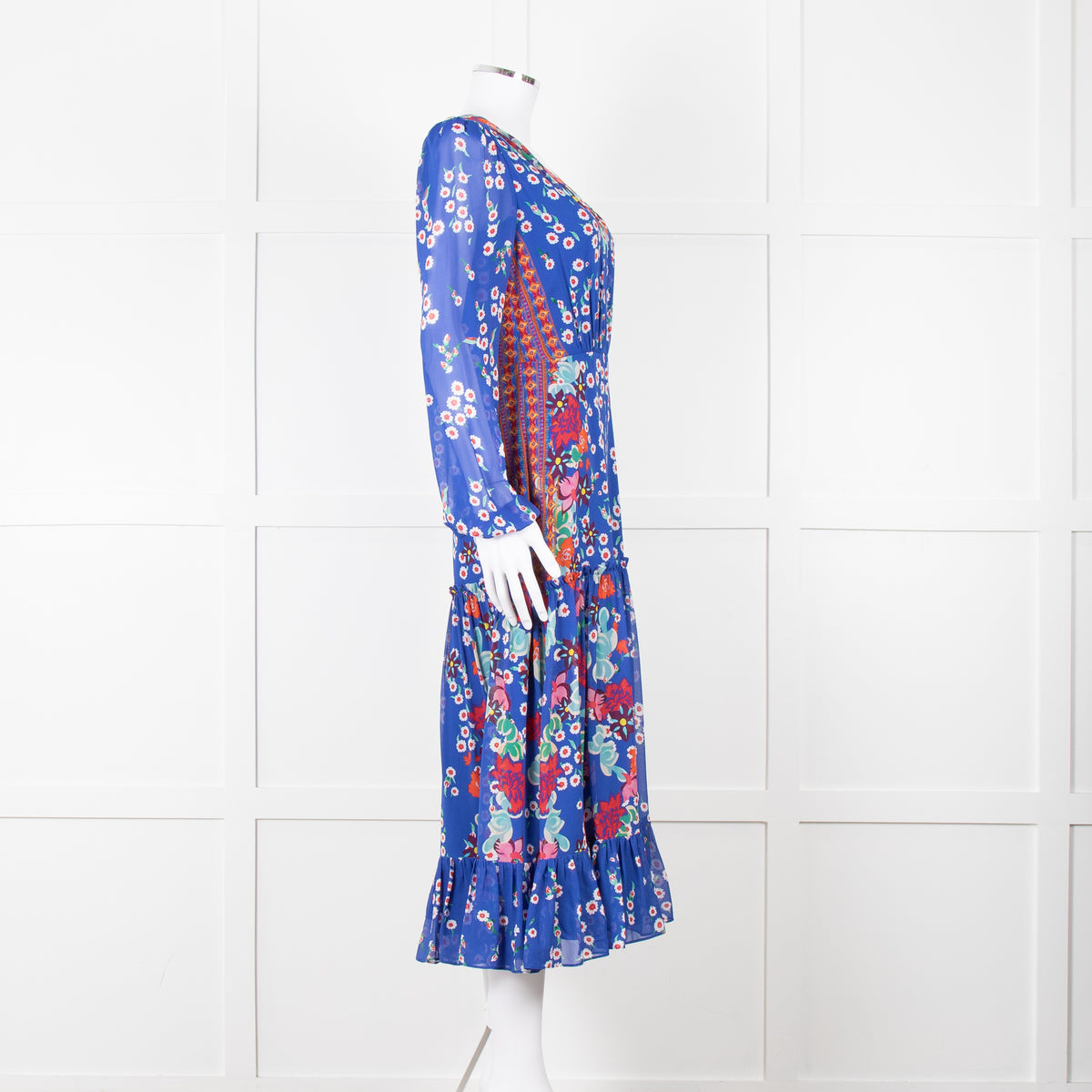 Saloni Blue Long Sleeve Floral Midi Dress with Tiered Skirt,