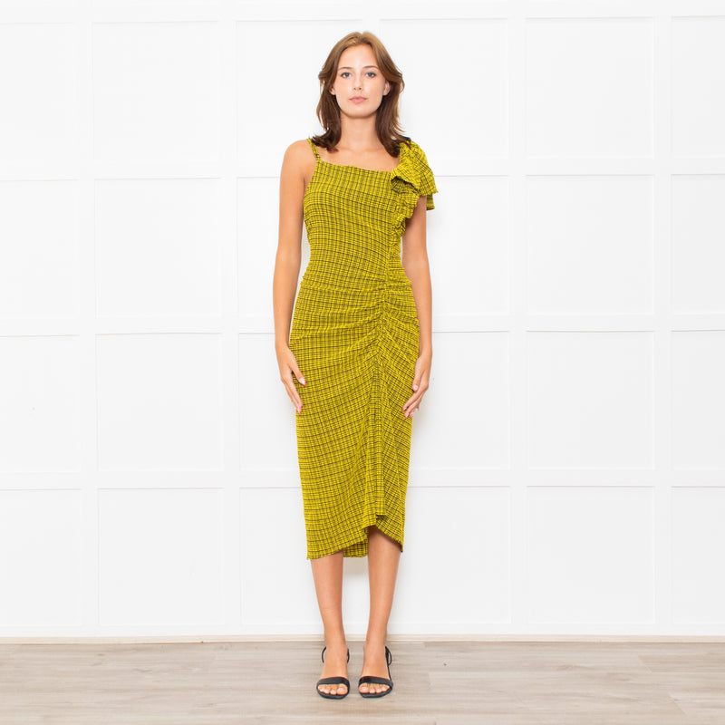 Bimba Y Lola Yellow Black Check One Off Shoulder Frill Detail Midi Dress
