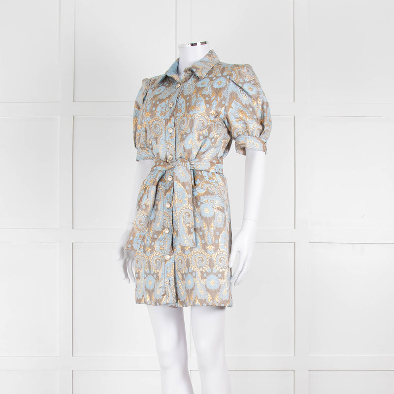 Sandro Pale Blue And Gold Brocade Mini Dress