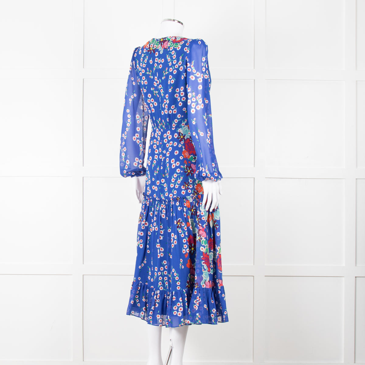 Saloni Blue Long Sleeve Floral Midi Dress with Tiered Skirt,