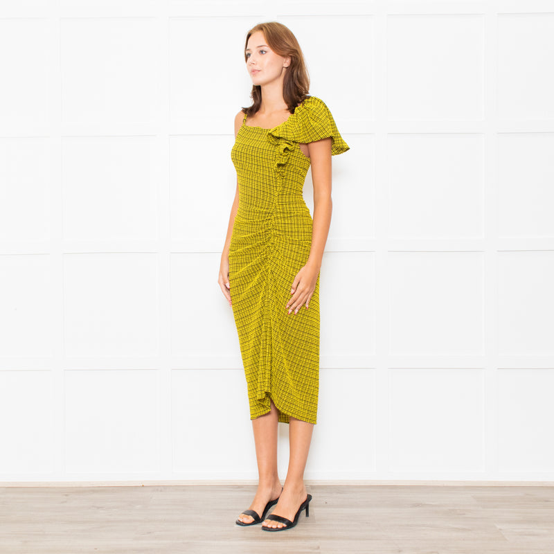 Bimba Y Lola Yellow Black Check One Off Shoulder Frill Detail Midi Dress