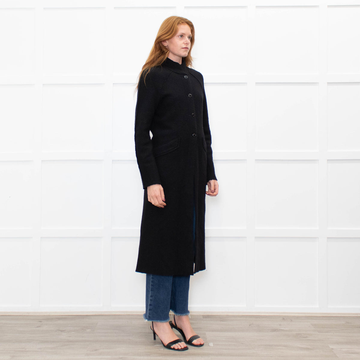 Agnes B Black Wool Blend Raw Edge Long Coat