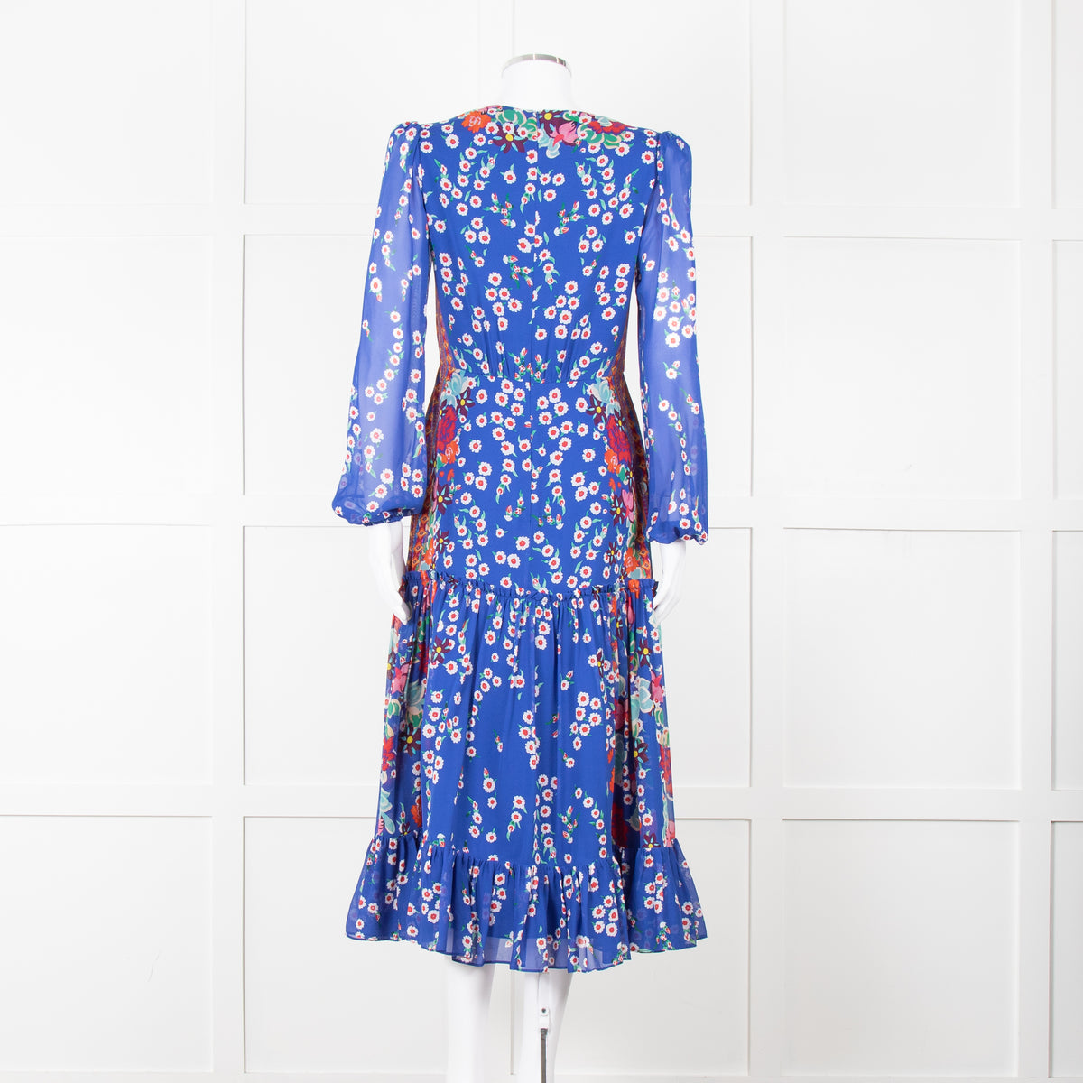 Saloni Blue Long Sleeve Floral Midi Dress with Tiered Skirt,