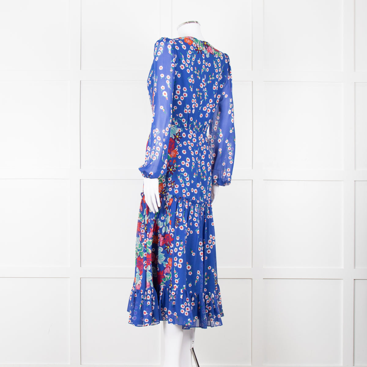 Saloni Blue Long Sleeve Floral Midi Dress with Tiered Skirt,
