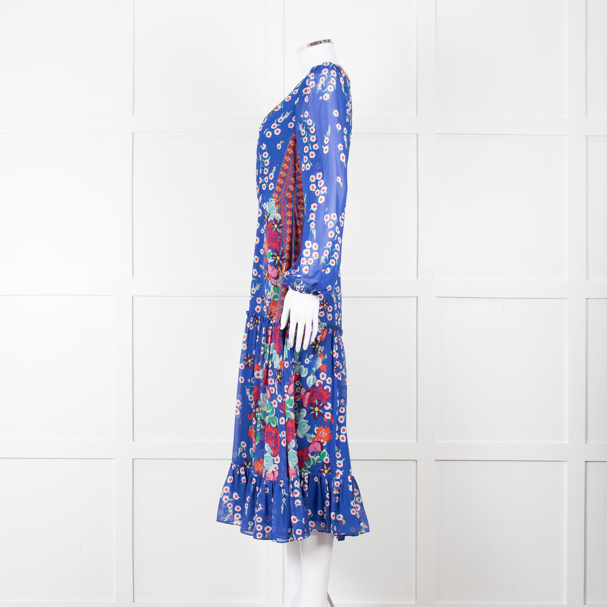 Saloni Blue Long Sleeve Floral Midi Dress with Tiered Skirt,